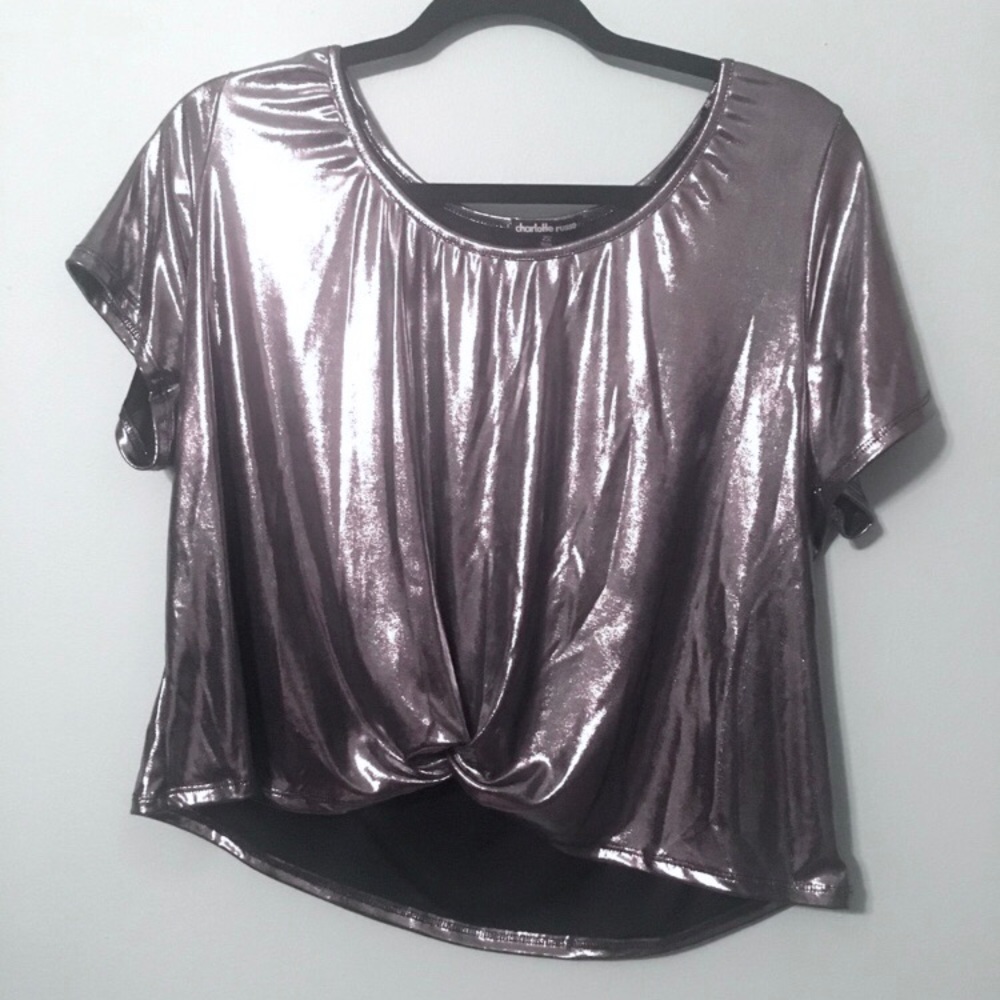 CHARLOTTE RUSSE Silver Metallic Crop Top with Knot